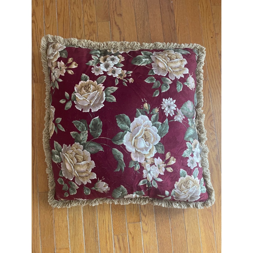 Burgundy Rose Floral Tapestry Throw‎ Pillow with Fringe Trim Victorian Style